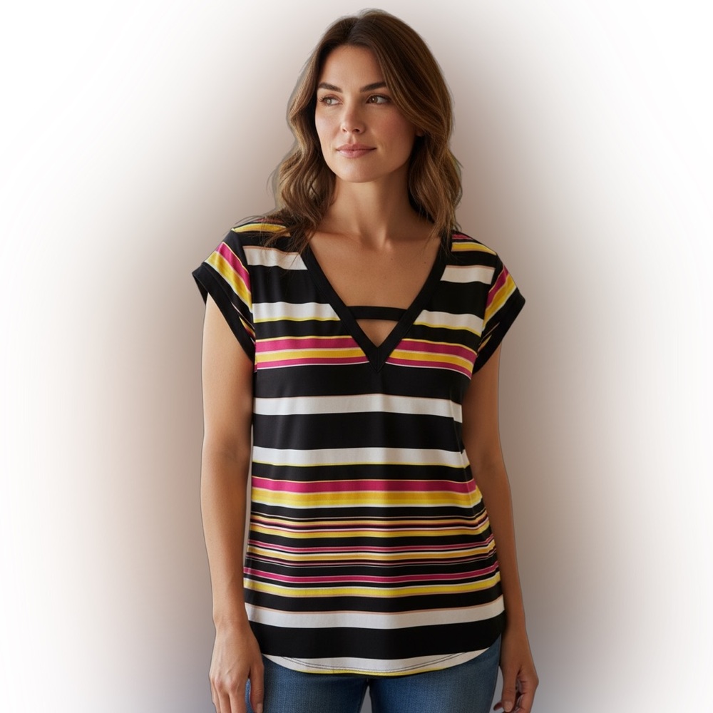 7th Avenue Striped V-Neck Short Sleeve Tee